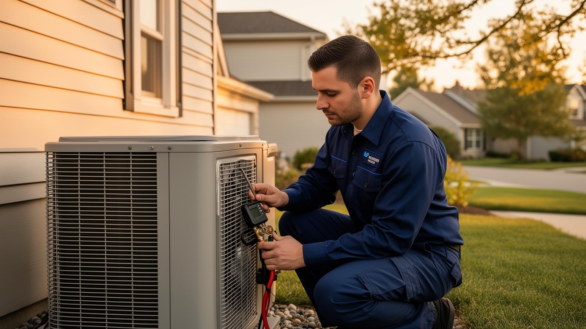 Long Engineering HVAC technician servicing an outdoor condenser unit
